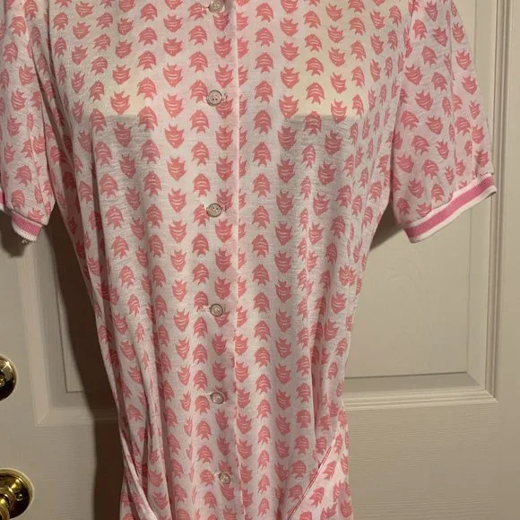 Vintage 1970s Shirt Dress Size Large Pink Fish Pattern Mid Calf Tie Waist - Picture 4 of 8